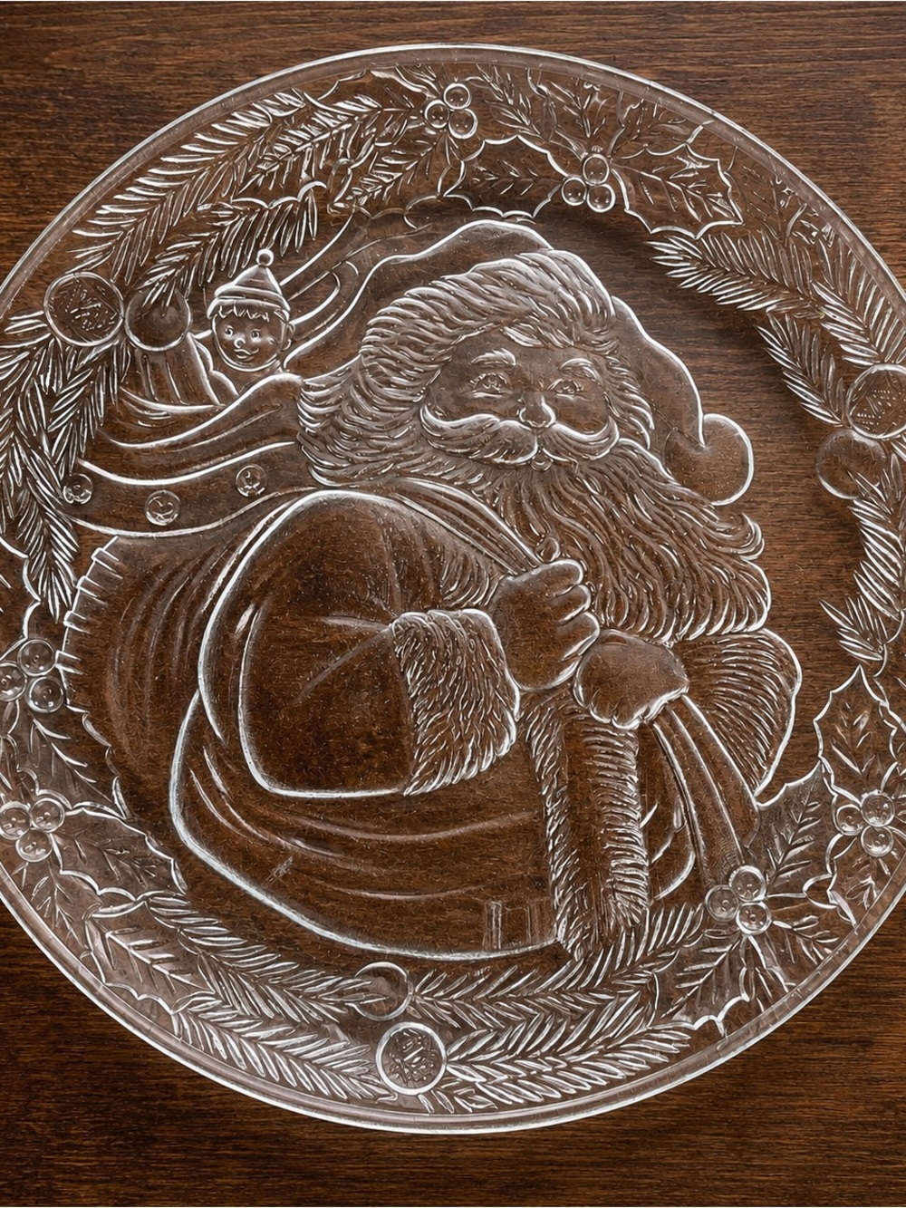 Clear Glass Santa Christmas Serving Platter Plate 12” Embossed Holiday c. 1990’s